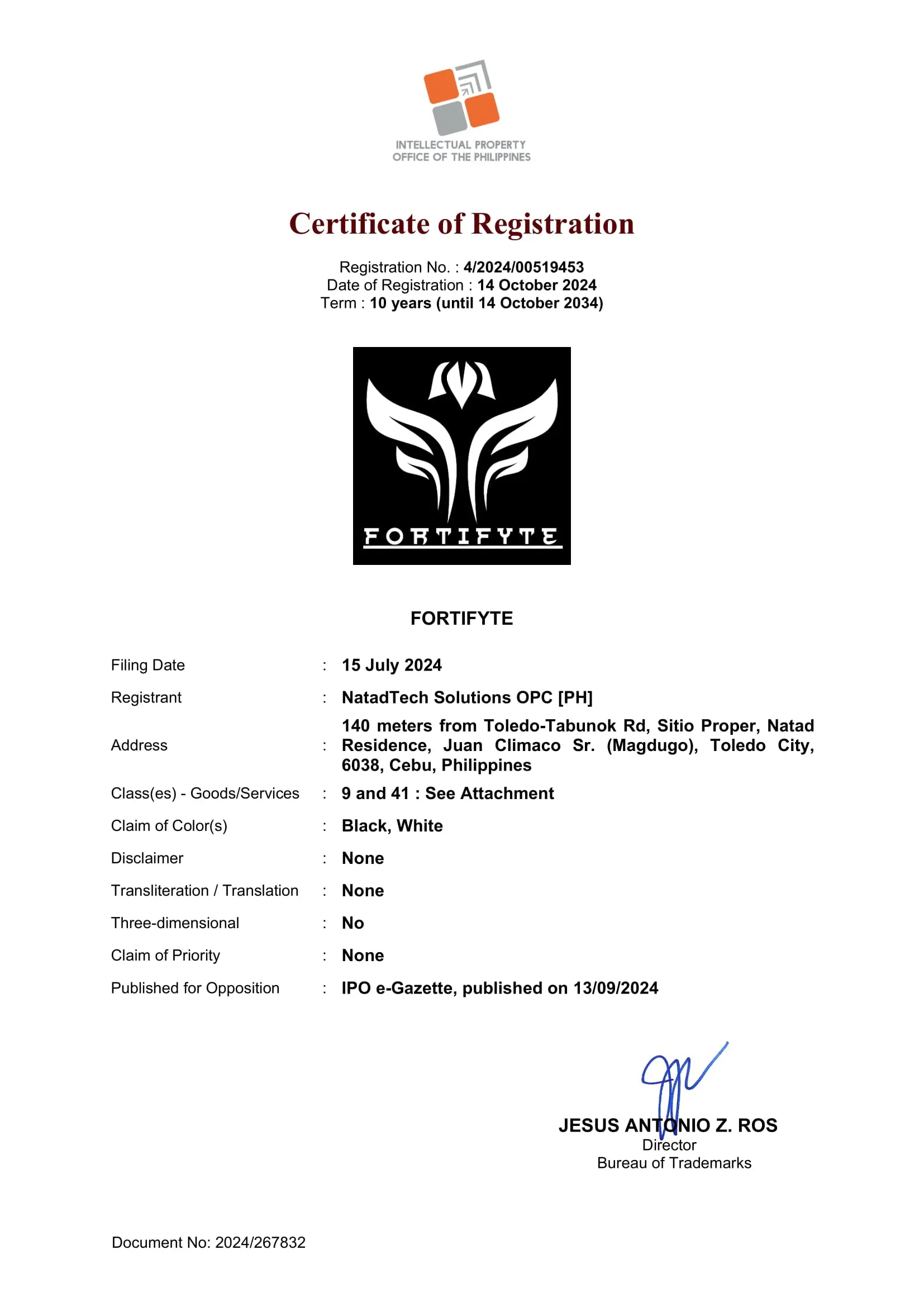 FortiFyte Trademark Certificate Page 1