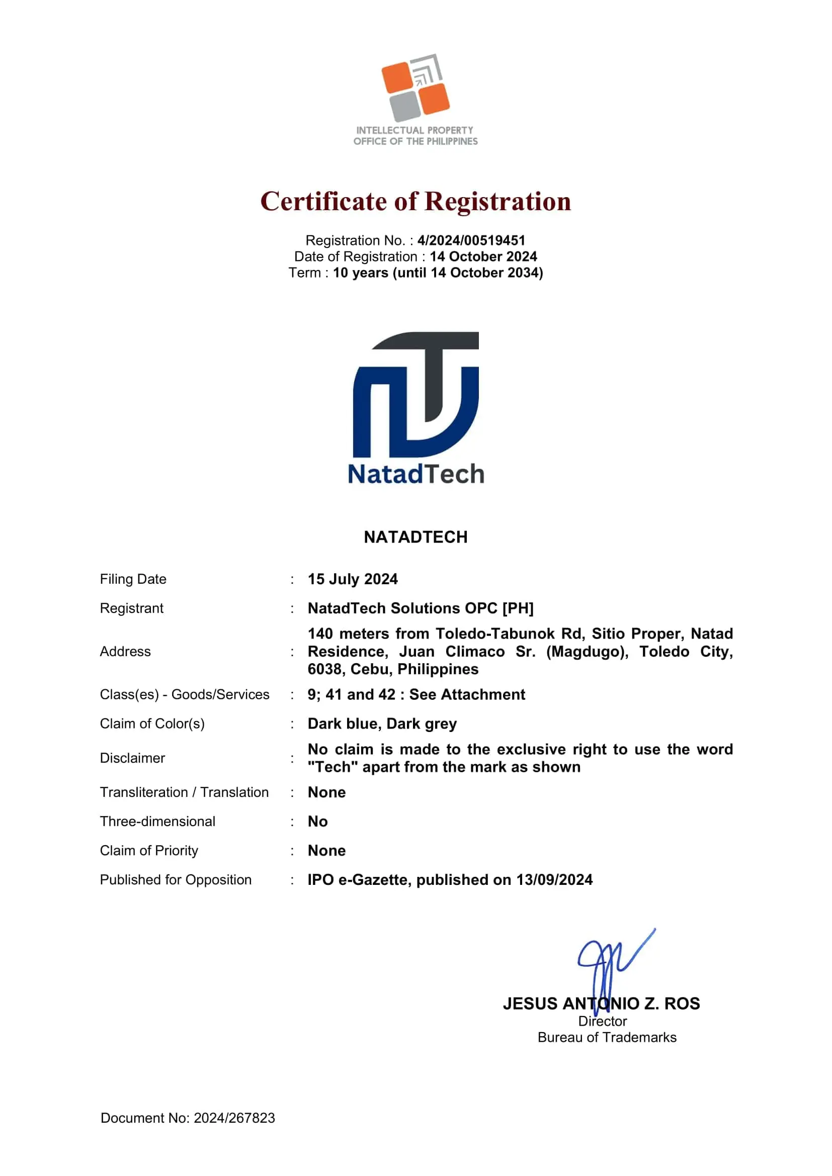 NatadTech Trademark Certificate Page 1